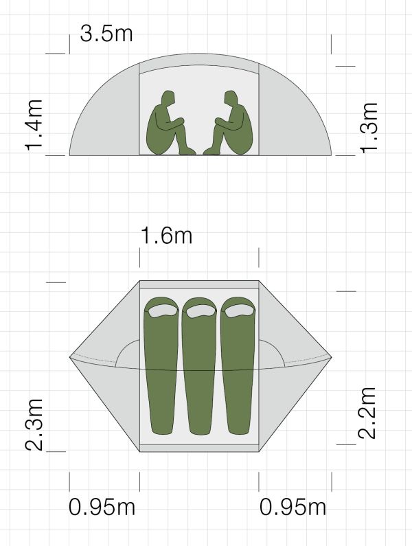 Dimensions de la tente ultra-légère Exped Orion III Extreme