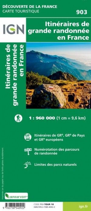 Carte IGN 903 - Itinéraires de grande randonnée en France.
