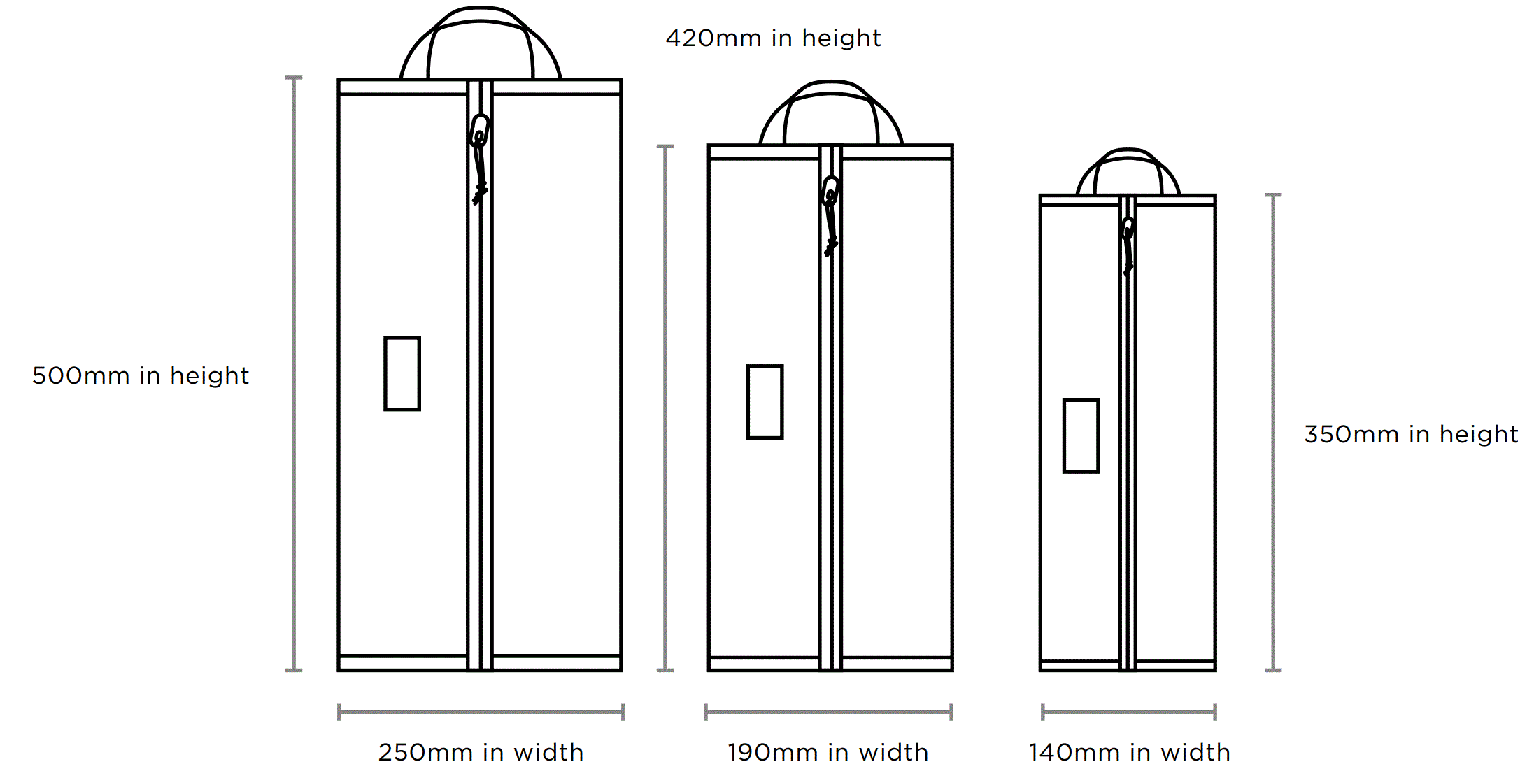 Jeu de 3 sacs de rangement pour le voyage Restrap Travel Pack, dimensions.